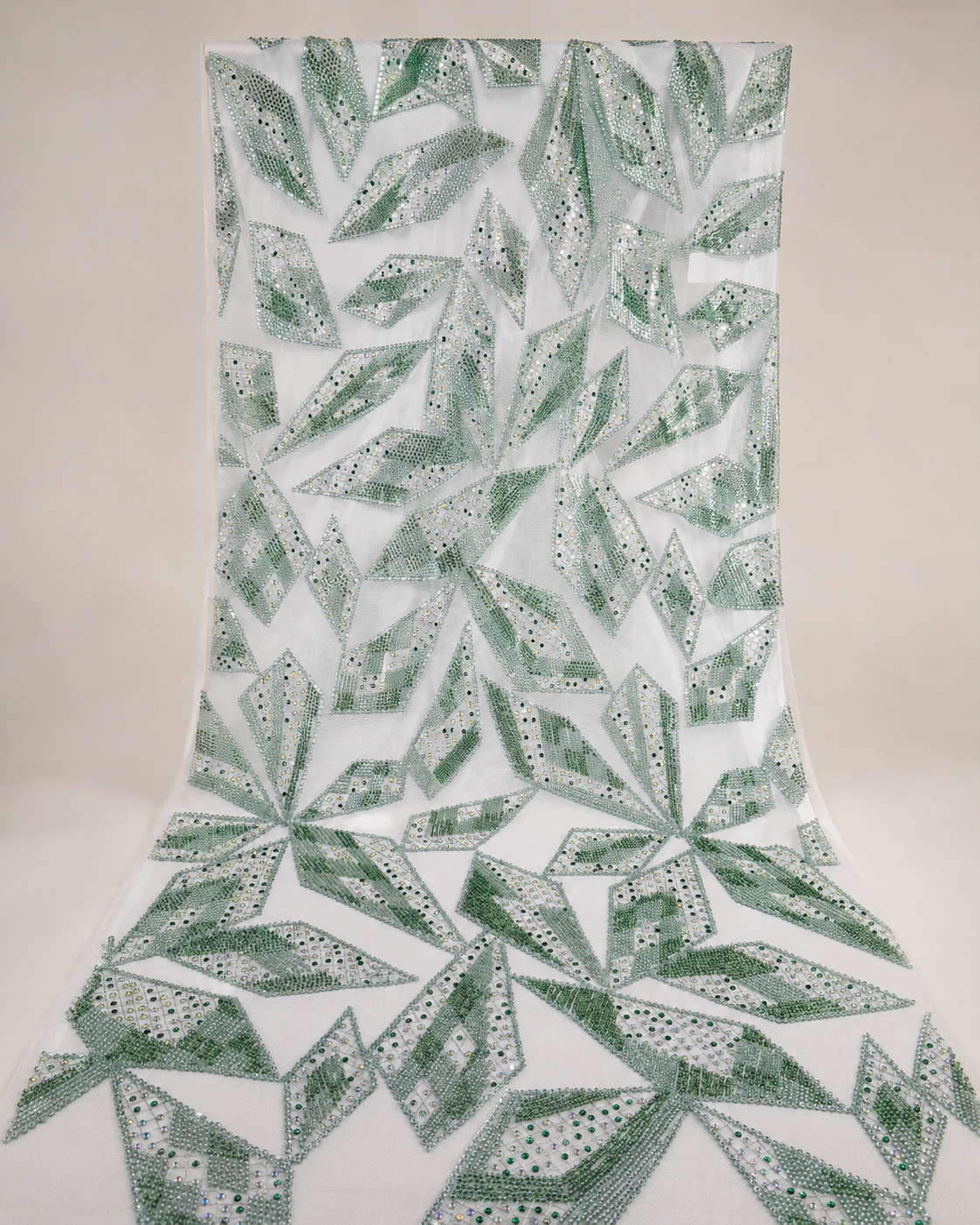Embellished Net Fabric – White & Sage Green All-Over Diamond Leaf Geometric Seed Bead & Sequin Scatter