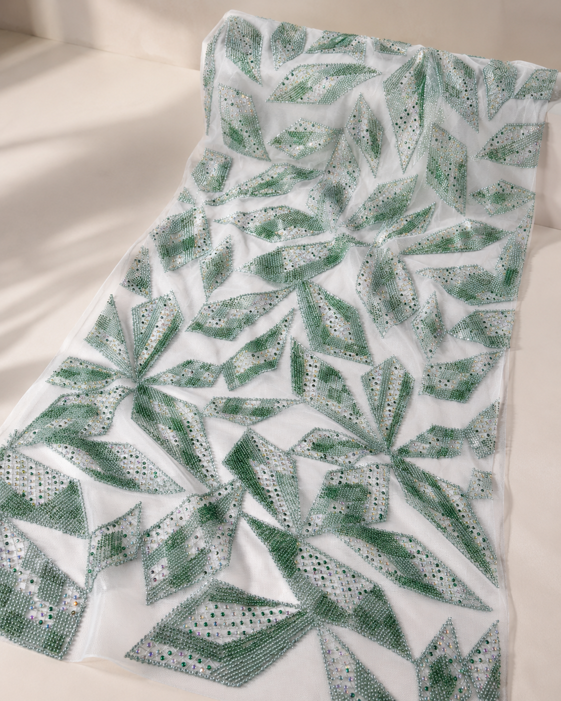Embellished Net Fabric – White & Sage Green All-Over Diamond Leaf Geometric Seed Bead & Sequin Scatter - Image 2