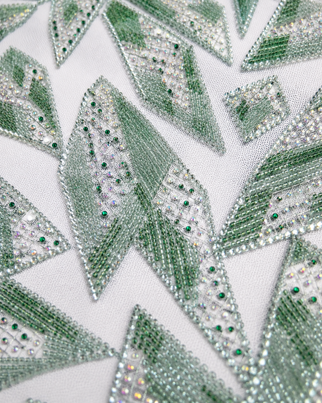 Embellished Net Fabric – White & Sage Green All-Over Diamond Leaf Geometric Seed Bead & Sequin Scatter - Image 3