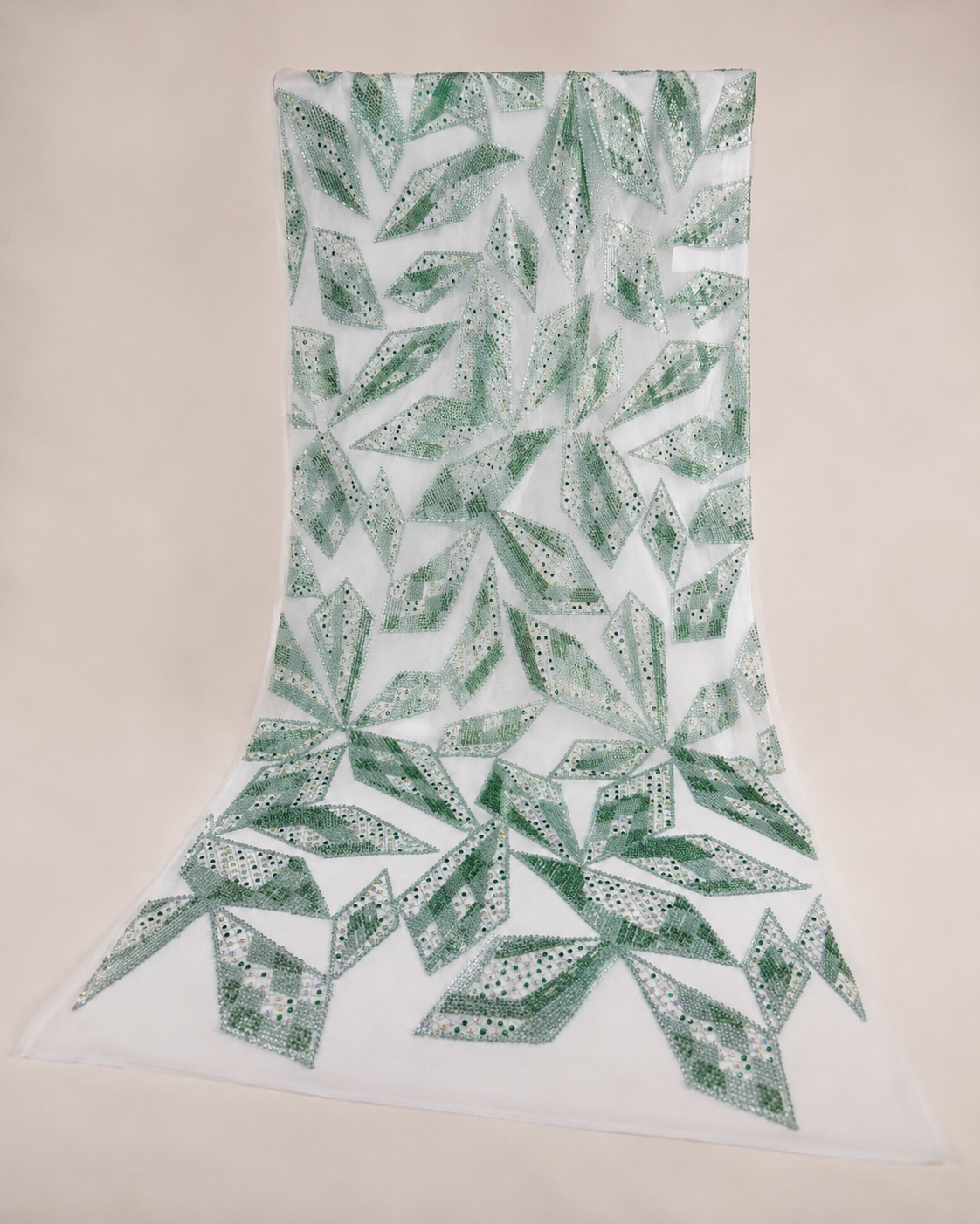 Embellished Net Fabric – White & Sage Green All-Over Diamond Leaf Geometric Seed Bead & Sequin Scatter - Image 4