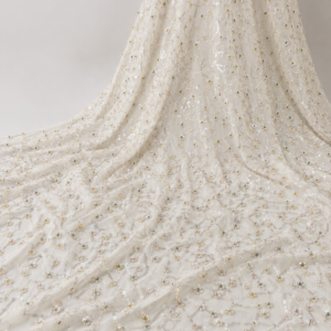 Embellished Net Fabric – Cream & Silver Diamond Lattice Trellis Seed Bead Chain with Champagne Gold & AB Floral Cluster Accents