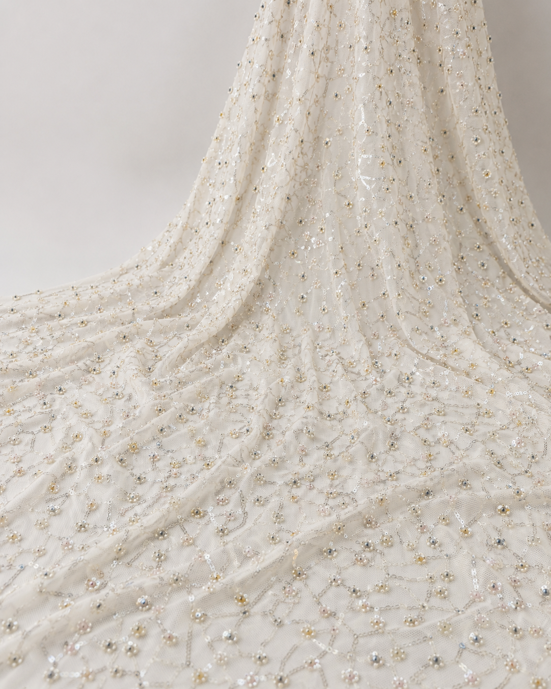 Embellished Net Fabric – Cream & Silver Diamond Lattice Trellis Seed Bead Chain with Champagne Gold & AB Floral Cluster Accents