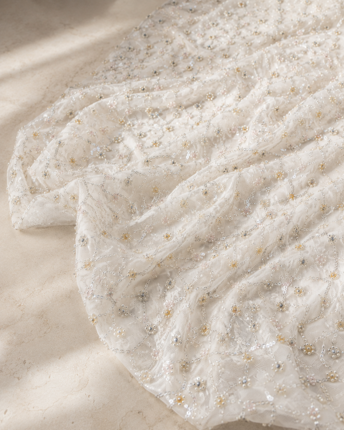 Embellished Net Fabric – Cream & Silver Diamond Lattice Trellis Seed Bead Chain with Champagne Gold & AB Floral Cluster Accents - Image 2