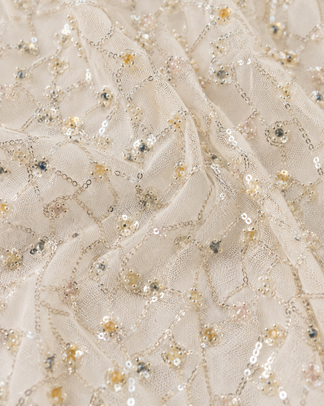 Embellished Net Fabric – Cream & Silver Diamond Lattice Trellis Seed Bead Chain with Champagne Gold & AB Floral Cluster Accents - Image 3