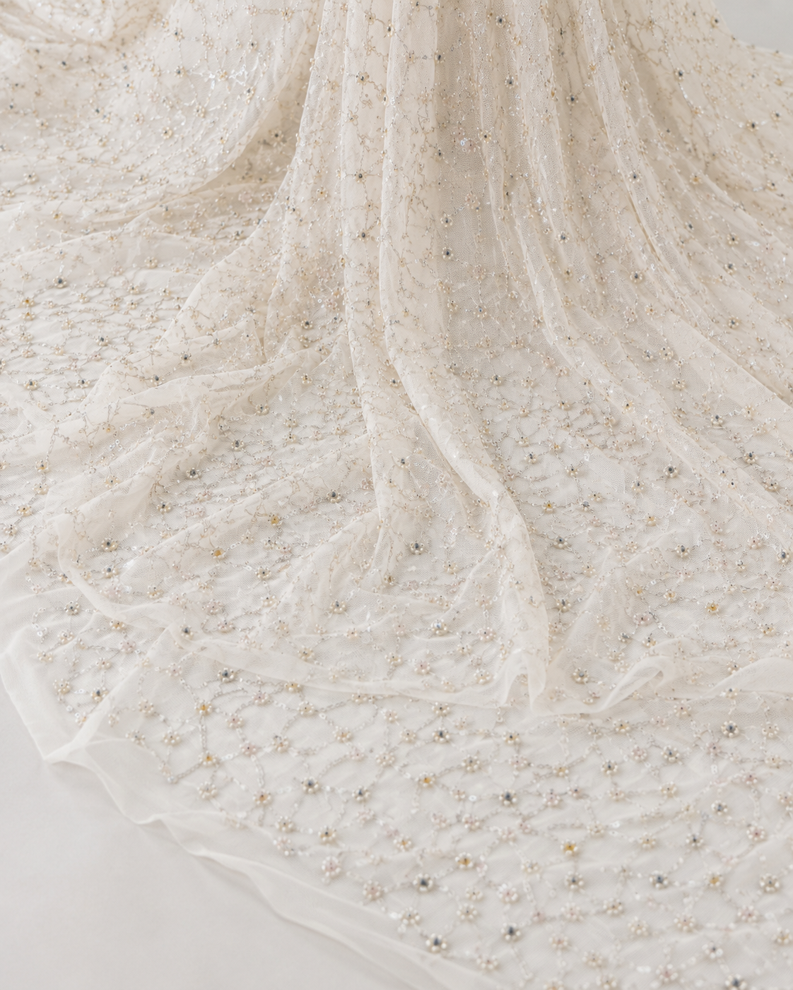 Embellished Net Fabric – Cream & Silver Diamond Lattice Trellis Seed Bead Chain with Champagne Gold & AB Floral Cluster Accents - Image 4