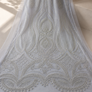Bridal Net Fabric – Silver Grey Tonal Ogee Flame & Arch Panel Silver Seed Bead & Pearl Bead Embroidered with Scallop Bead Drop Border