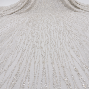 Bridal Net Fabric – White Tonal Starburst Sunburst Radiating Seed Bead & Sequin Line Embroidered with Marquise Bead Accent & Graduated Density