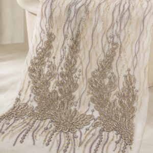 Bridal Net Fabric – White & Champagne Gold Baroque Scroll Plume Column Amethyst & Gold Seed Bead Embroidered with Graduated Density & Bead Fringe Drop Hem