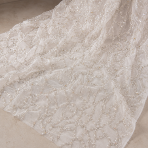 Embellished Net Fabric – White Tonal All-Over Organic Scroll Vine Seed Bead, Bugle Bead & Sequin Embroidered with Graduated Density