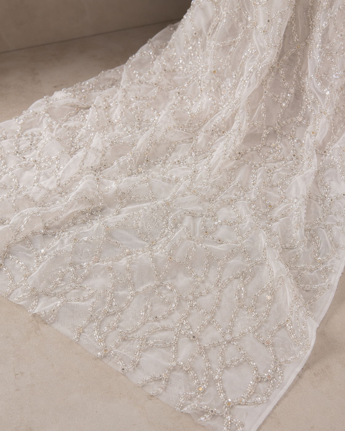 Embellished Net Fabric – White Tonal All-Over Organic Scroll Vine Seed Bead, Bugle Bead & Sequin Embroidered with Graduated Density