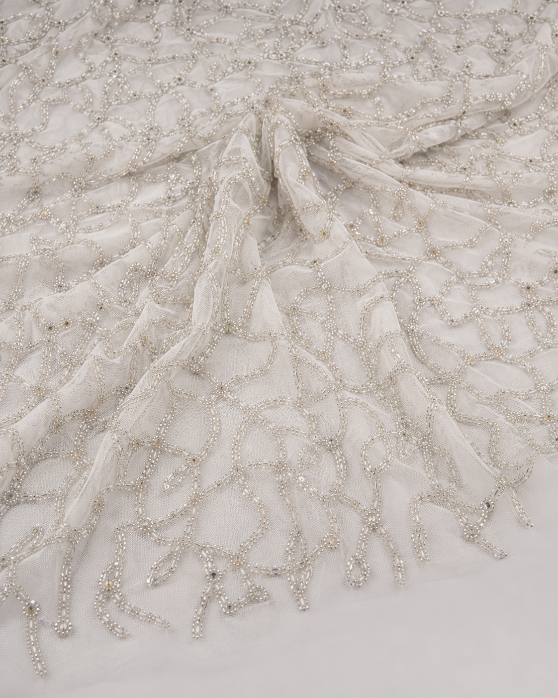 Embellished Net Fabric – White Tonal All-Over Organic Scroll Vine Seed Bead, Bugle Bead & Sequin Embroidered with Graduated Density - Image 2