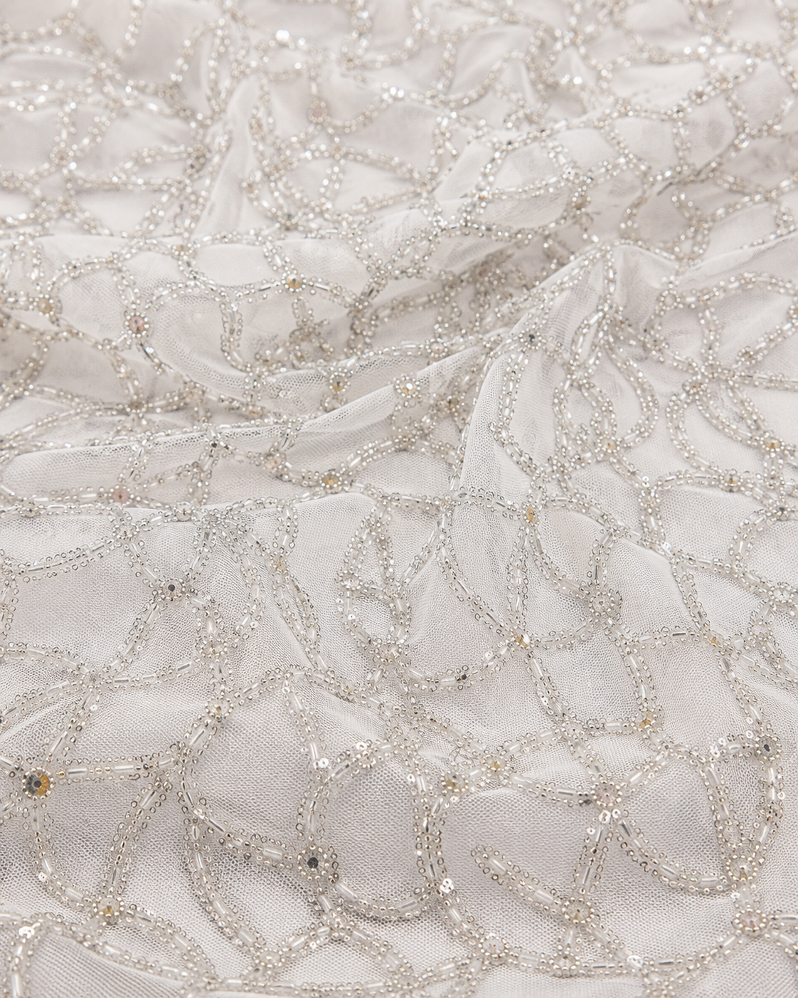 Embellished Net Fabric – White Tonal All-Over Organic Scroll Vine Seed Bead, Bugle Bead & Sequin Embroidered with Graduated Density - Image 3