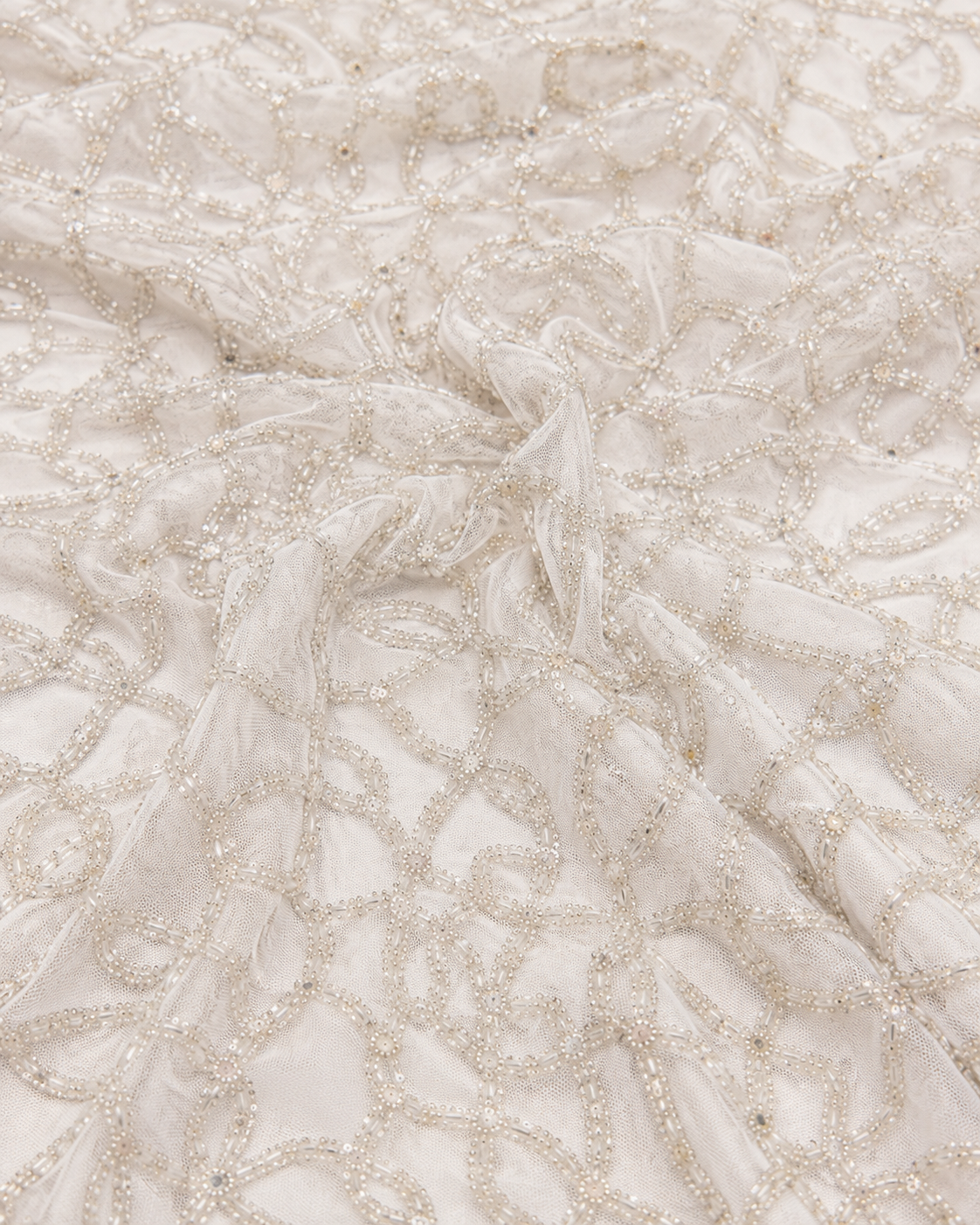 Embellished Net Fabric – White Tonal All-Over Organic Scroll Vine Seed Bead, Bugle Bead & Sequin Embroidered with Graduated Density - Image 4