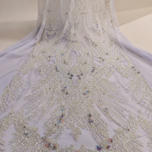 Bridal Net Fabric – Lavender & Silver White Fan Plume Sunburst Pearl Seed Bead & Bugle Bead Embroidered with Multicolour Gemstone Accent Clusters & Bead Fringe Tips