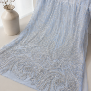 Bridal Net Fabric – Ice Blue Tonal Baroque Swirl Wave & Paisley Scroll Seed Bead & Bugle Bead Embroidered with Graduated Density & Bead Fringe Hem
