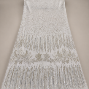 Bridal Net Fabric – White Tonal Pearl Bead & Silver Sequin Scatter Upper Field with Baroque Floral Scroll Border & Double Bead Fringe Drop Hem