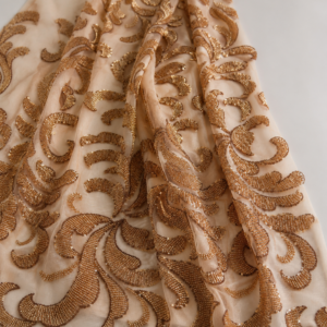 Embellished Net Fabric – Champagne Beige & Antique Gold Baroque Acanthus Scroll Seed Bead & Sequin Embroidered with Scallop Border