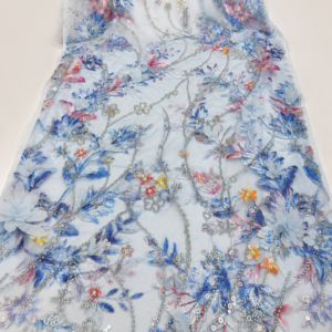 Embellished Net Fabric – Sky Blue Multicolour 3D Floral & Fern Spray Seed Bead & Sequin Embroidered with Graduated Density