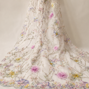 Embellished Net Fabric – Ivory Multicolour Pastel Garden Floral Embroidery with 3D Pink Rosette Appliqué & Silver Bead Vine with Scallop Border